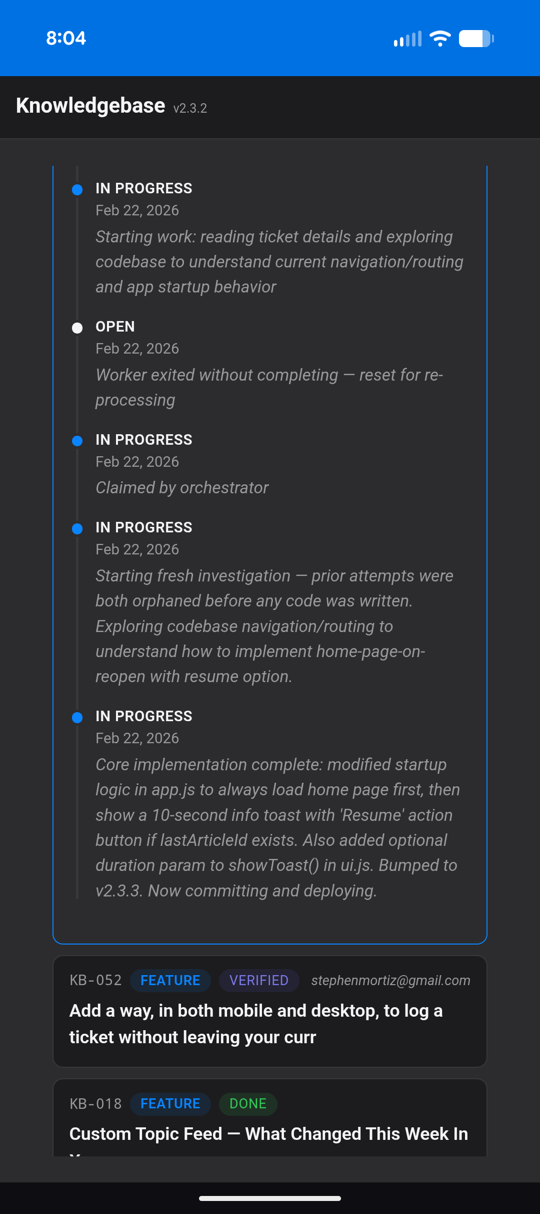 A ticket's timeline - the agent claims it, investigates, implements, and deploys, all visible in real-time