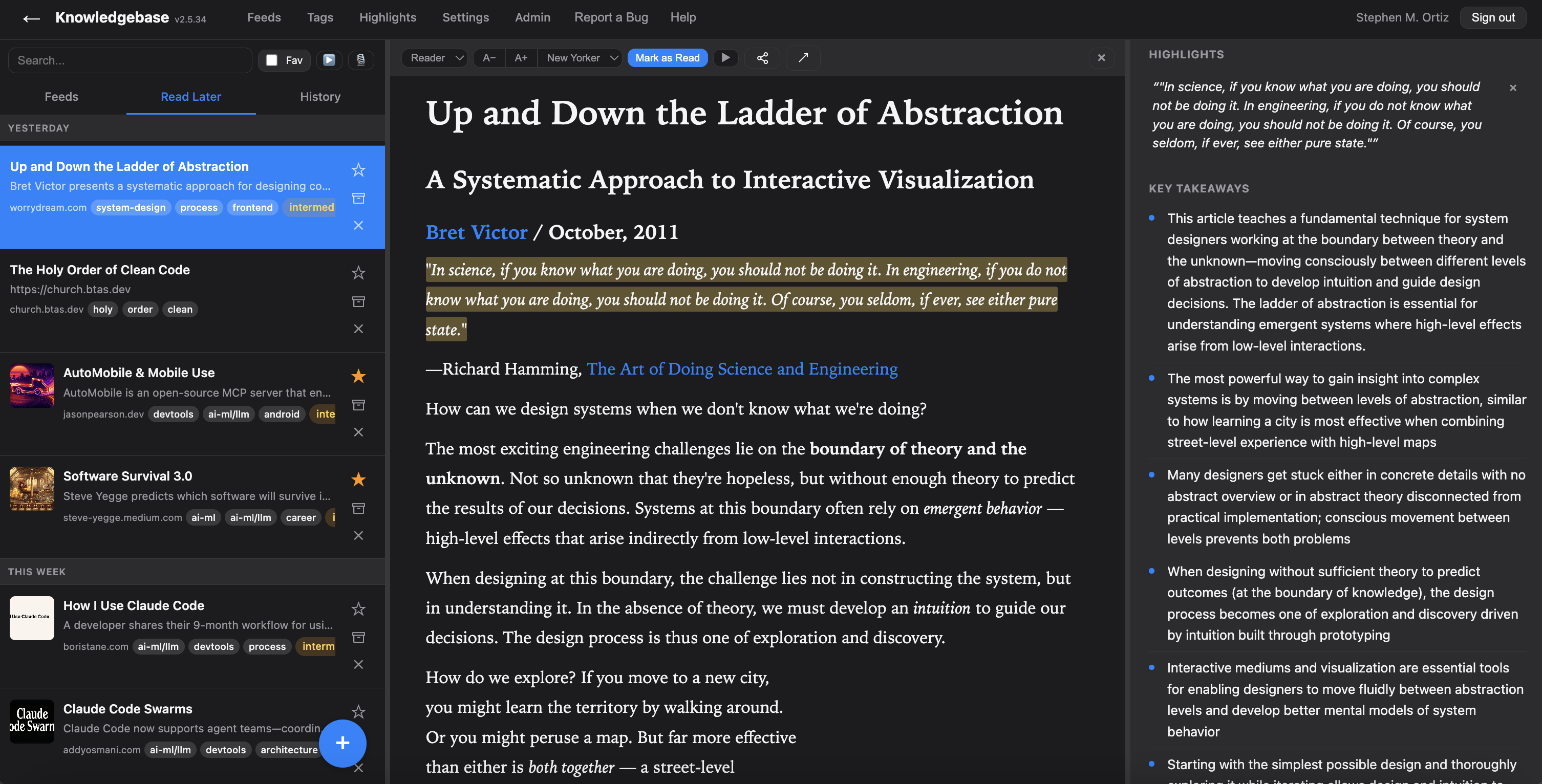 The knowledge base app- article reader with feeds, highlights, and AI-generated key takeaways